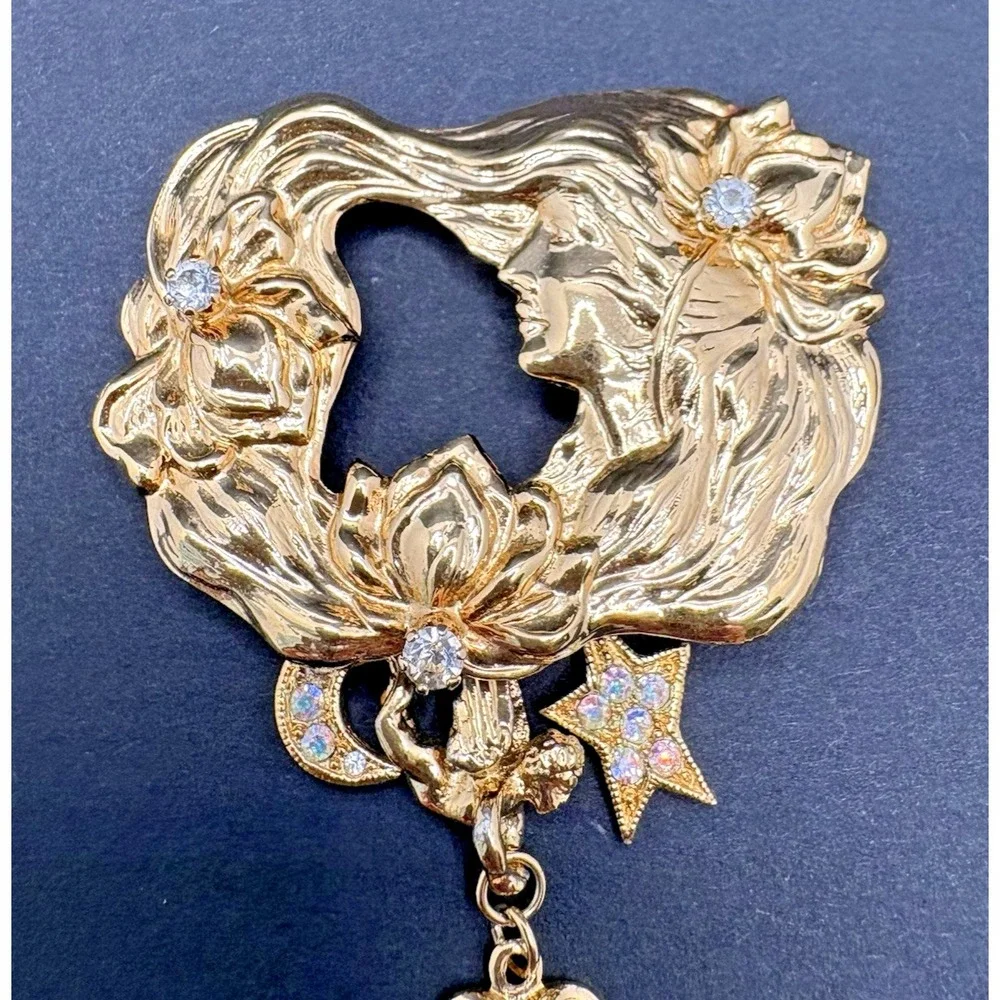 Vintage Kirks Folly Lady of the Lake Brooch Art Nouveau Crystal Dangles Angel